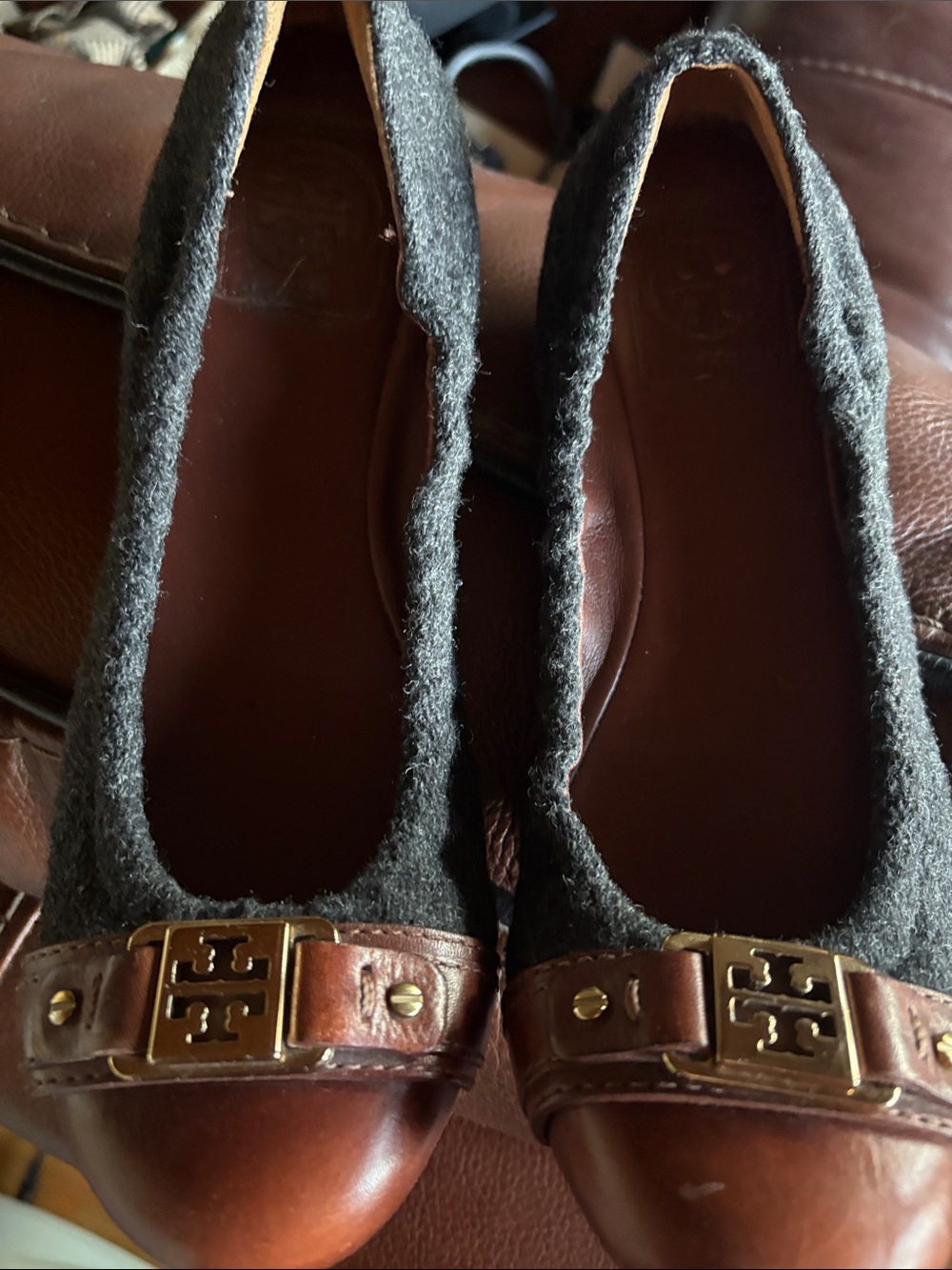 Tory Burch Grey Wool and Brown Leather Buckle Ballet Flats